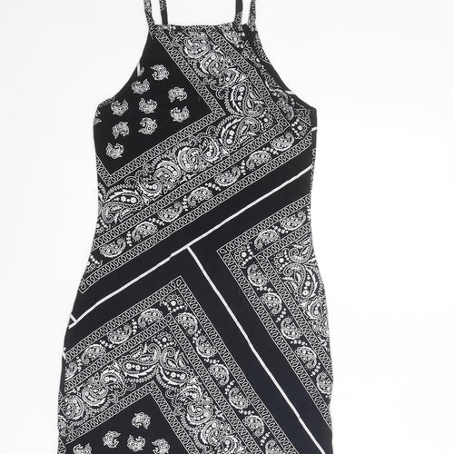 Boohoo Womens Black Geometric Polyester Mini Size 10 Square Neck Pullover