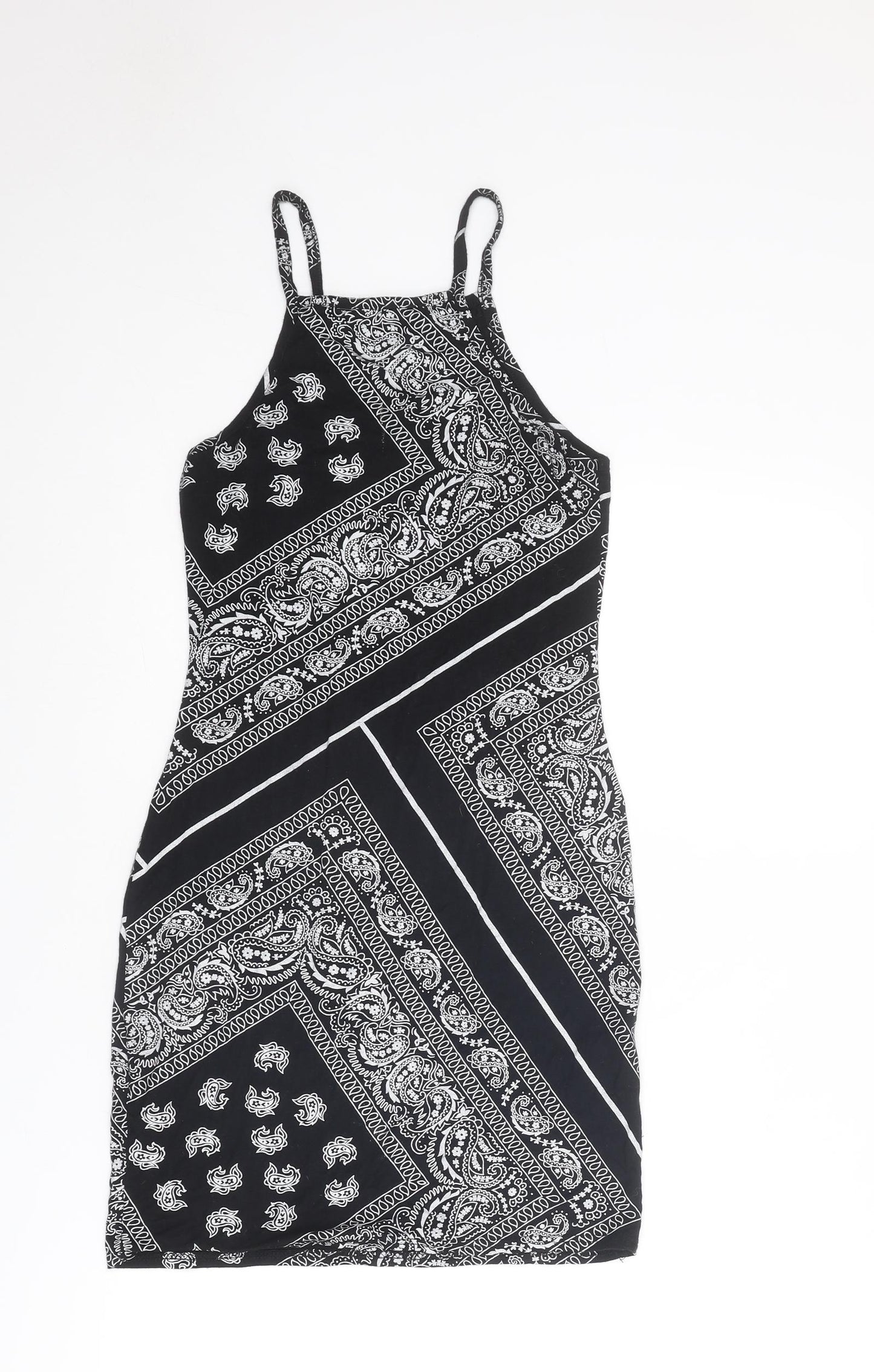 Boohoo Womens Black Geometric Polyester Mini Size 10 Square Neck Pullover