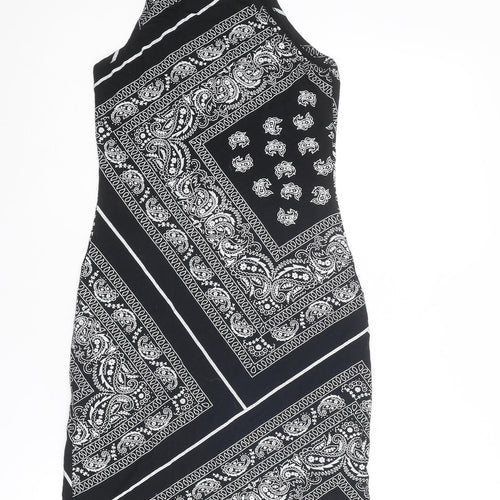 Boohoo Womens Black Geometric Polyester Mini Size 10 Square Neck Pullover