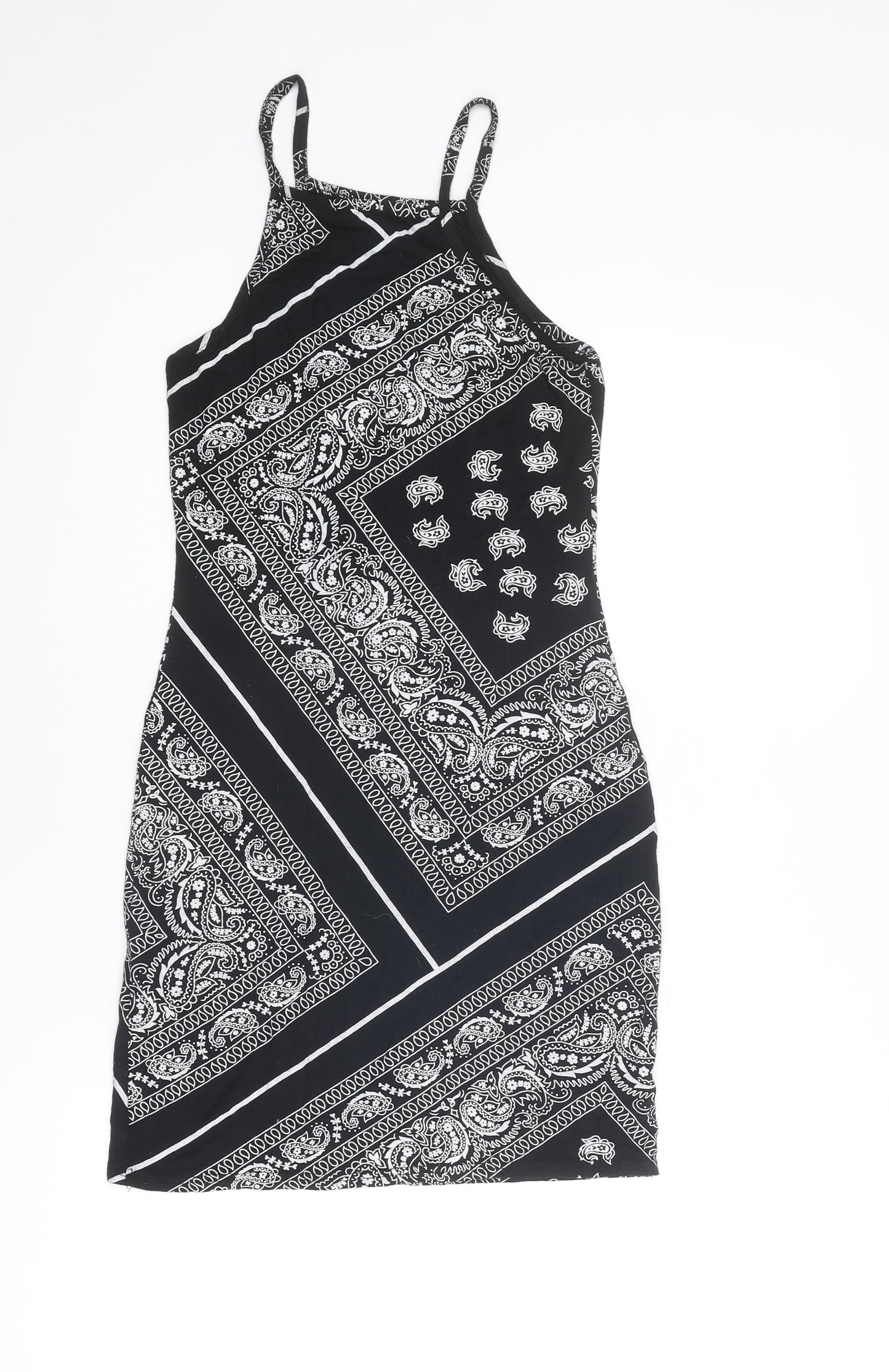Boohoo Womens Black Geometric Polyester Mini Size 10 Square Neck Pullover