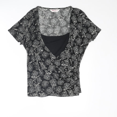 Bonmarché Womens Black Floral Polyester Basic Blouse Size 16 Scoop Neck