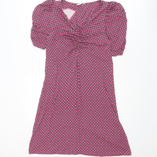 NEXT Womens Pink Geometric Viscose Shift Size 10 V-Neck Pullover - Puff Sleeve