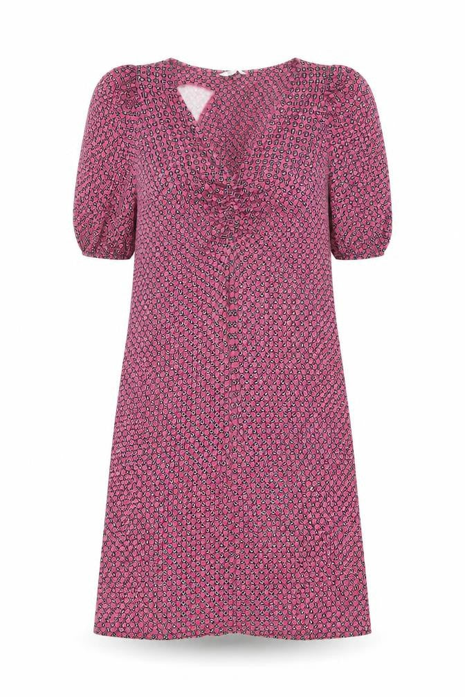 Front view of Next women’s pink geometric viscose shift, size UK 10, v-neck pullover - puff sleeve