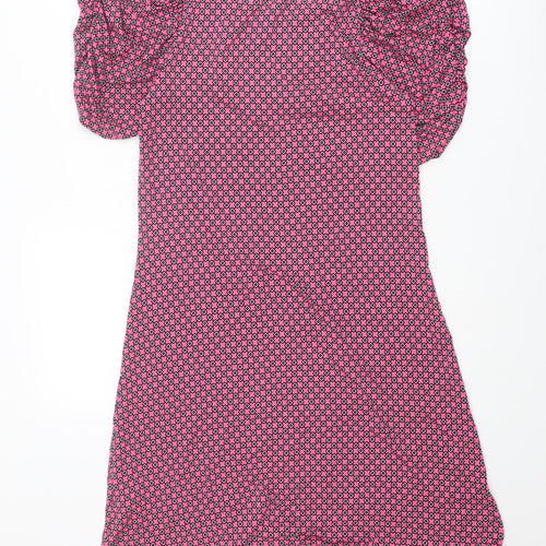 NEXT Womens Pink Geometric Viscose Shift Size 10 V-Neck Pullover - Puff Sleeve