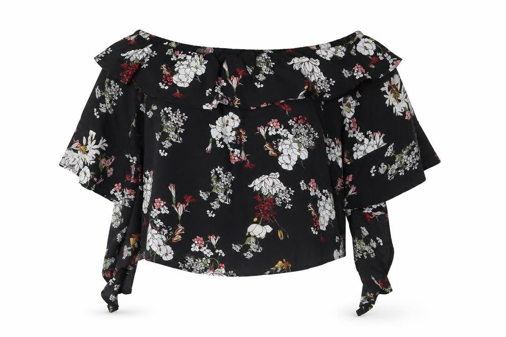 Front view of Lola May women’s multicoloured floral polyester basic blouse, size UK 12, boat neck