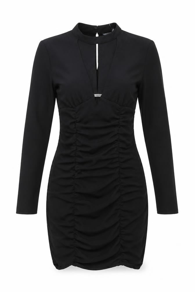 Front view of Zara women’s black polyester bodycon, size S, v-neck zip - plunging neckline