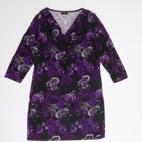 Originals Womens Purple Floral Polyester Mini Size 10 Cowl Neck Pullover