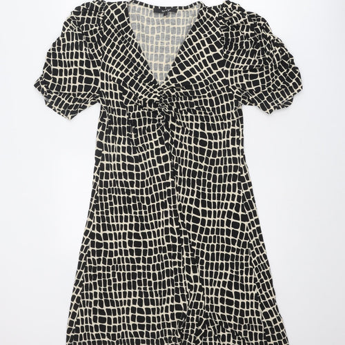NEXT Womens Black Geometric Viscose A-Line Size 12 V-Neck Pullover