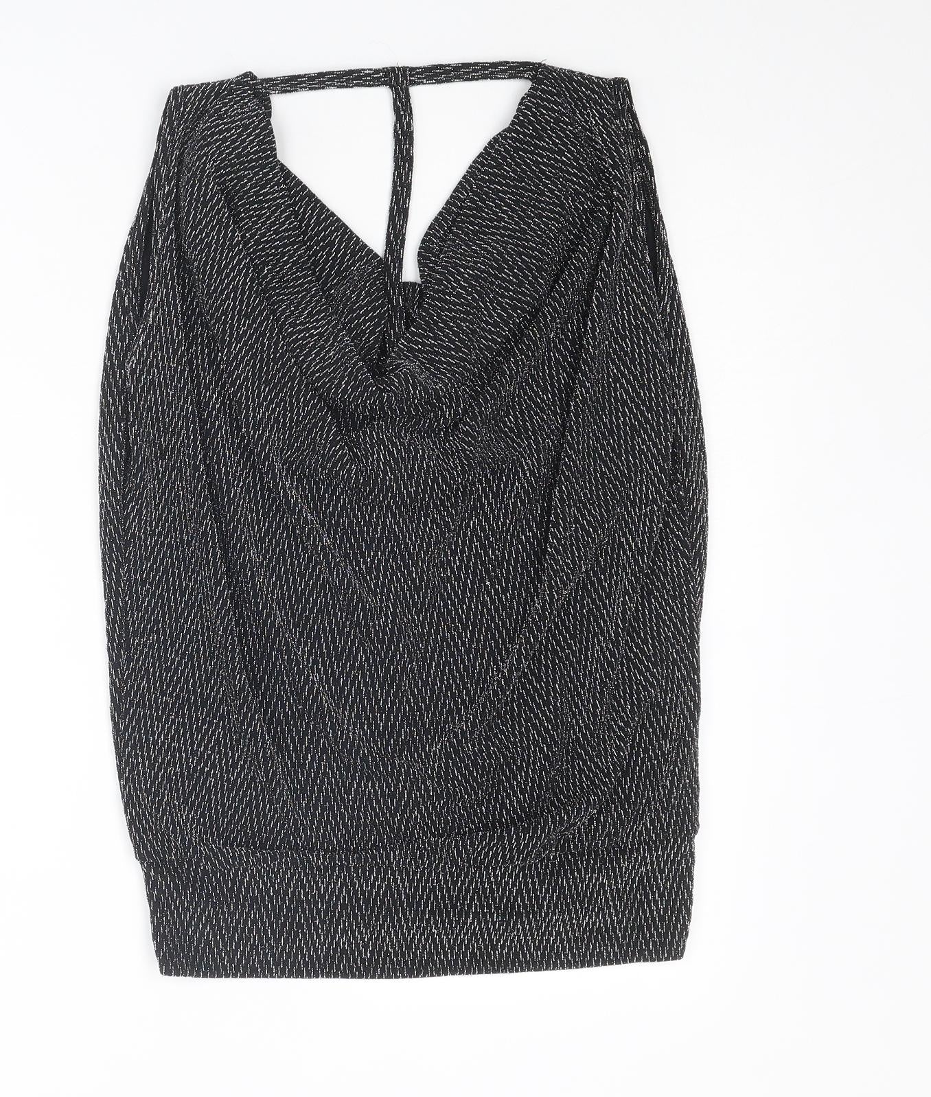 Quiz Womens Silver Herringbone Nylon Basic T-Shirt Size 12 Cowl Neck