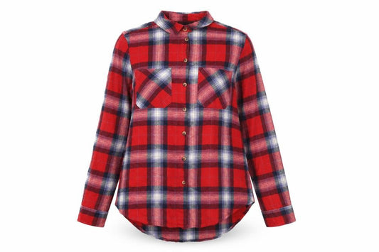 Front view of Topshop women’s multicoloured plaid cotton basic button-up, size UK 8, collared