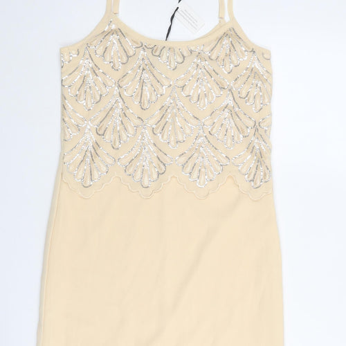 Boohoo Womens Beige Geometric Polyester Slip Dress Size 8 Round Neck Zip