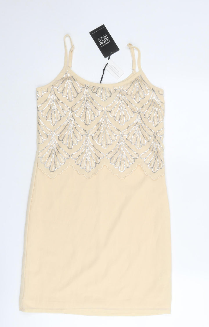 Boohoo Womens Beige Geometric Polyester Slip Dress Size 8 Round Neck Zip
