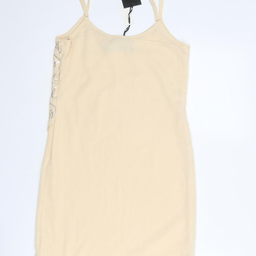 Boohoo Womens Beige Geometric Polyester Slip Dress Size 8 Round Neck Zip