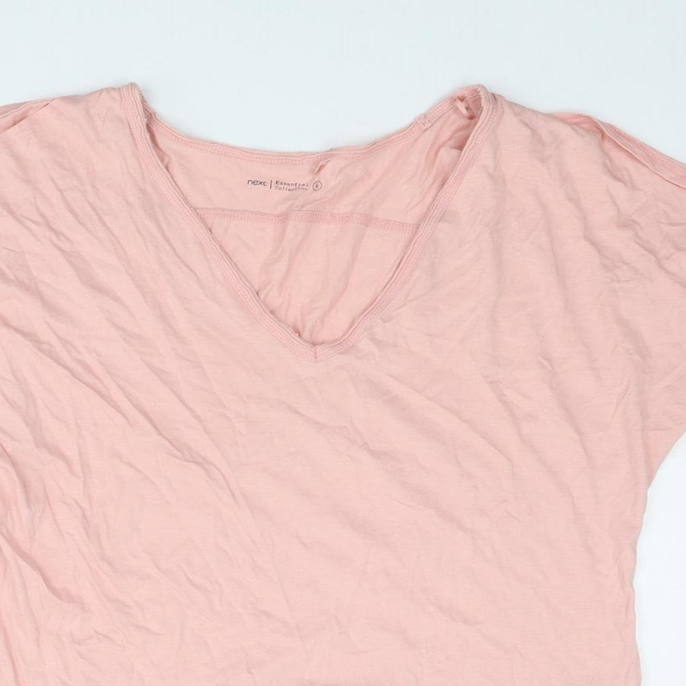 NEXT Womens Pink Cotton Basic T-Shirt Size 6 V-Neck - Tie Sleeve Detail