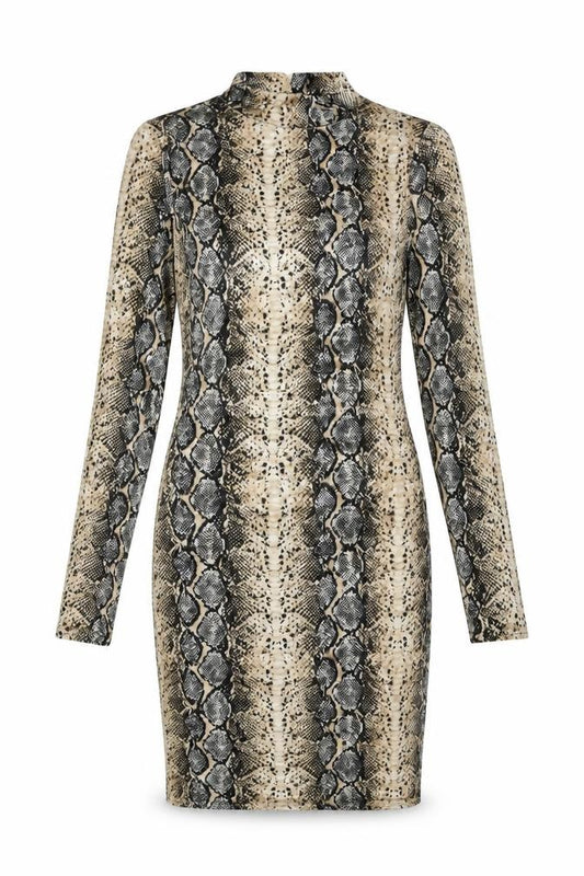 Front view of New Look women’s multicoloured animal print polyester bodycon, size UK 8, round neck button - snakeskin pattern