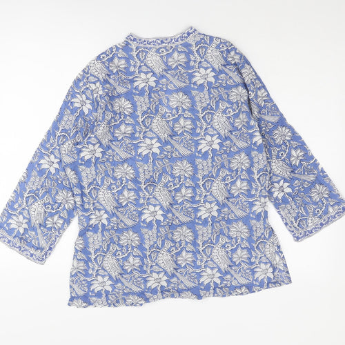 EAST Womens Blue Floral Cotton Basic Blouse Size 14 V-Neck