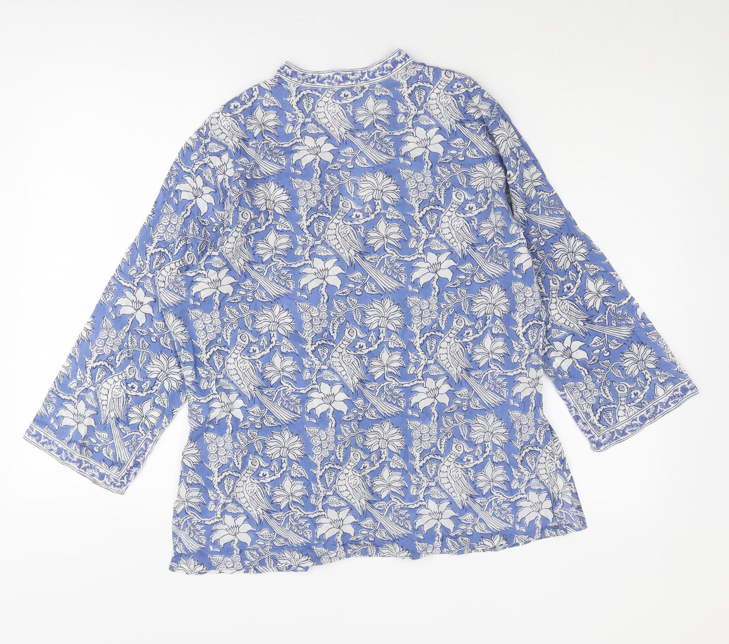 EAST Womens Blue Floral Cotton Basic Blouse Size 14 V-Neck