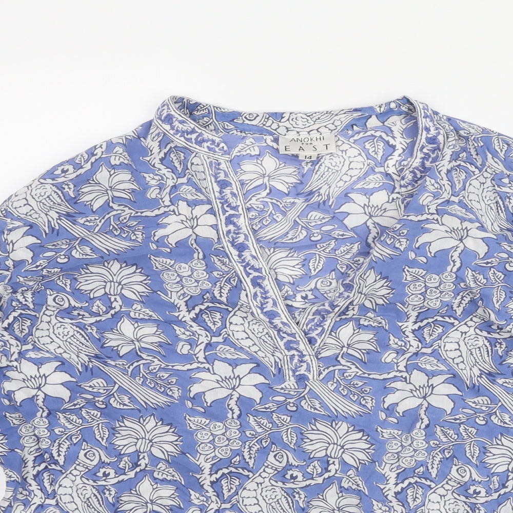 EAST Womens Blue Floral Cotton Basic Blouse Size 14 V-Neck