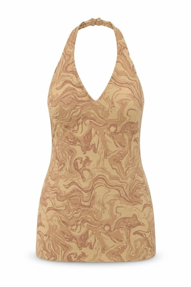 Front view of Motel Rocks women’s brown geometric cotton basic tank, size XS, halter
