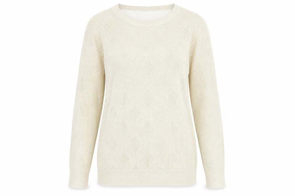 Front view of Kiabi women’s gold round neck acrylic jumper, size M