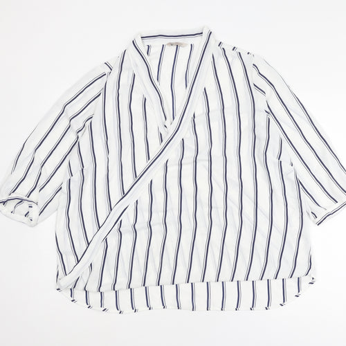 Marks and Spencer Womens White Striped Polyester Basic Blouse Size 20 V-Neck