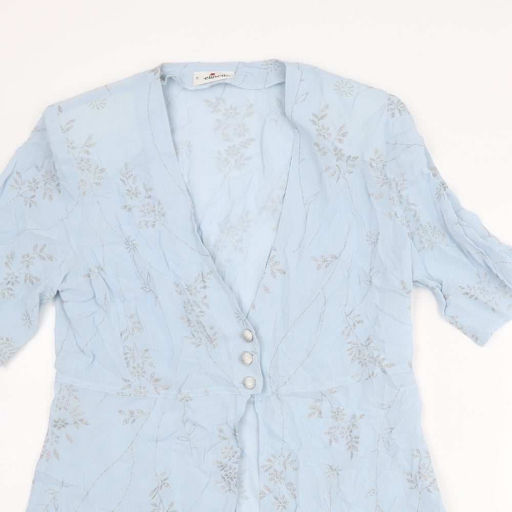 Elinette Womens Blue Geometric Viscose Kimono Blouse Size 12 V-Neck
