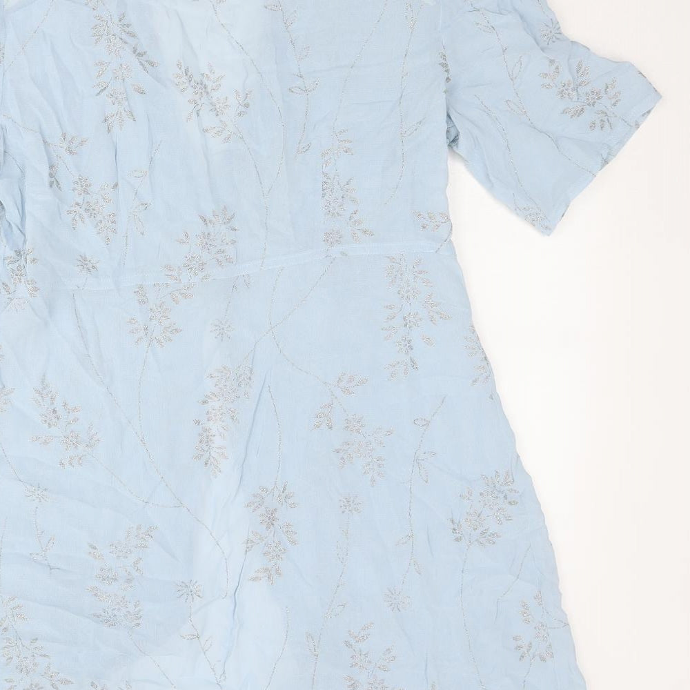 Elinette Womens Blue Geometric Viscose Kimono Blouse Size 12 V-Neck