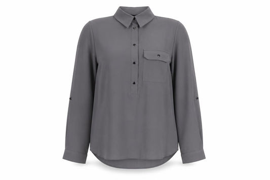 Front view of Dorothy Perkins women’s grey polyester basic blouse, size UK 6, collared