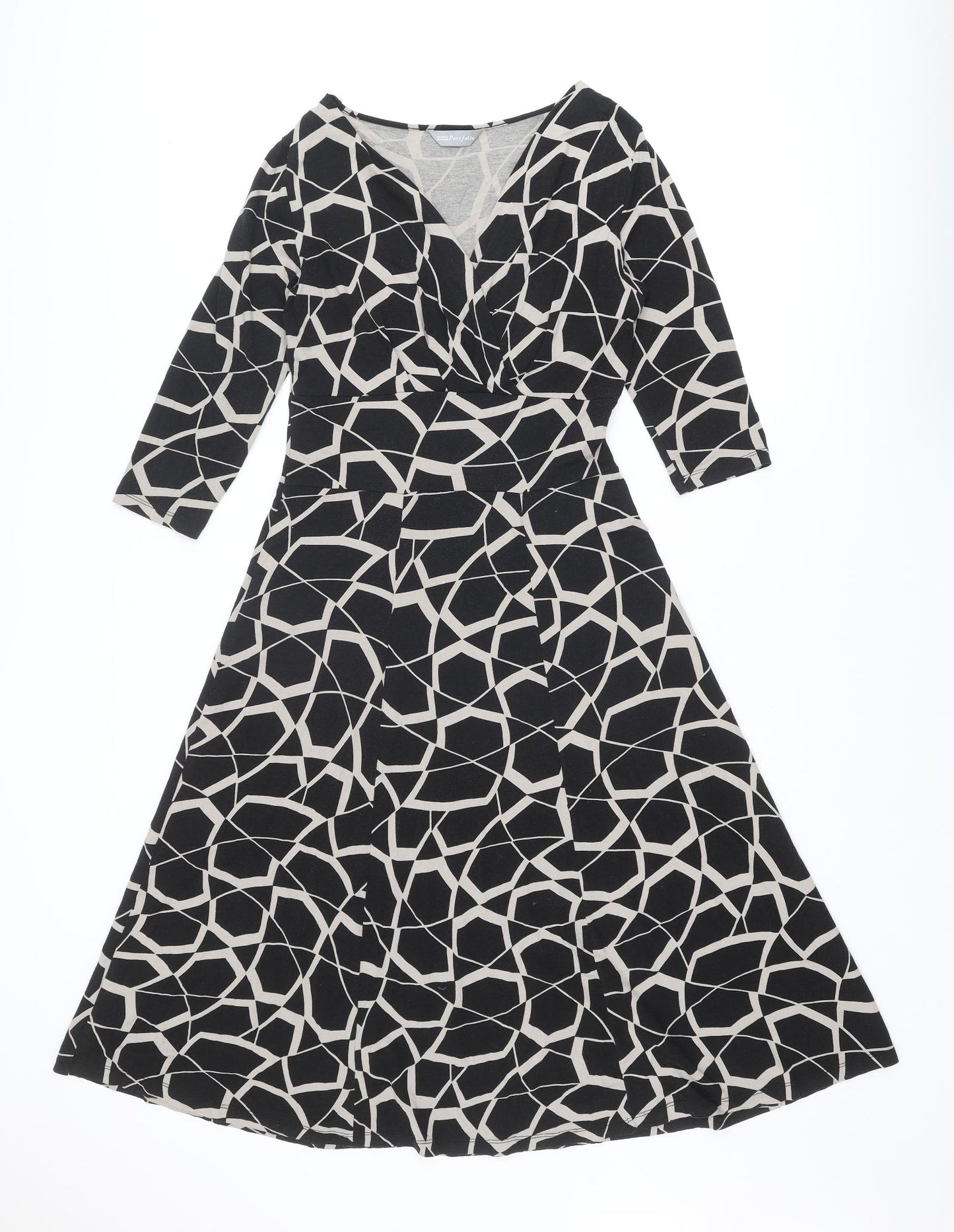 Marks and Spencer Womens Black Geometric Viscose A-Line Size 10 V-Neck Pullover