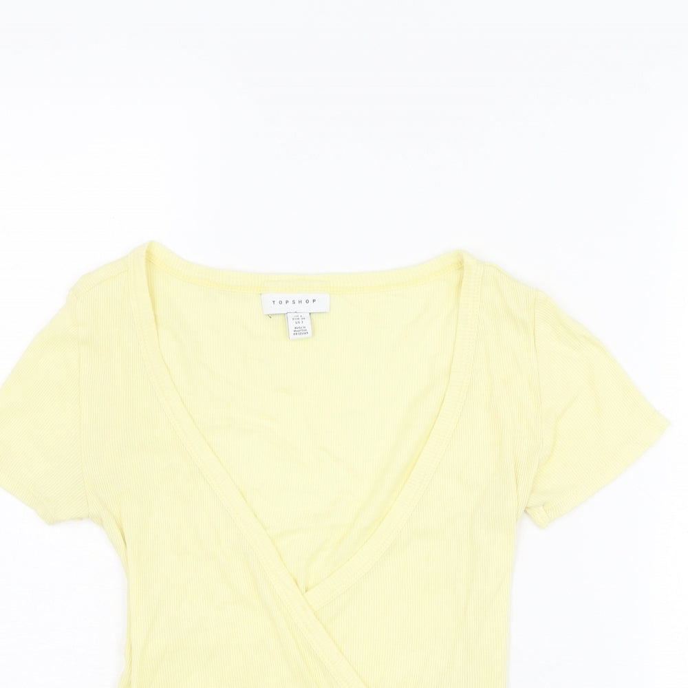 Topshop Womens Yellow Cotton Wrap T-Shirt Size 6 V-Neck