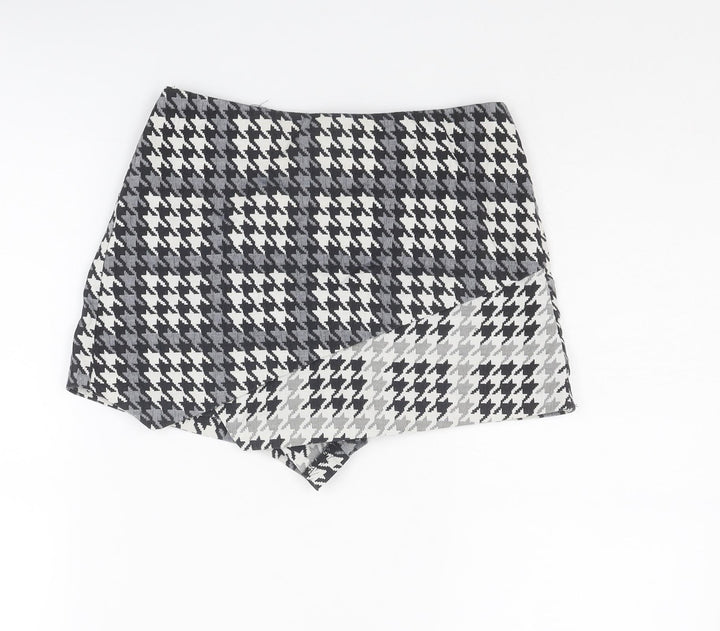 Topshop Womens Grey Geometric Cotton Skort Size 6 Zip - Houndstooth pattern