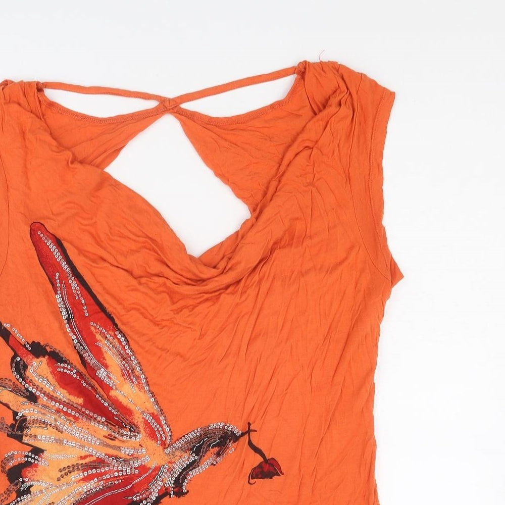Jasper Conran Womens Orange Viscose Basic T-Shirt Size 16 Cowl Neck - Birds Print, Open Back