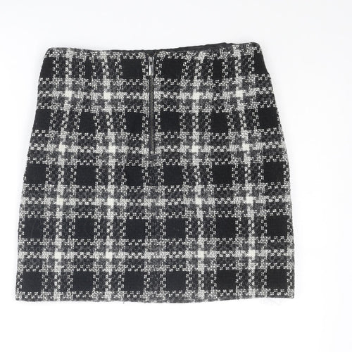 Marks and Spencer Womens Black Plaid Wool A-Line Skirt Size 10 Zip