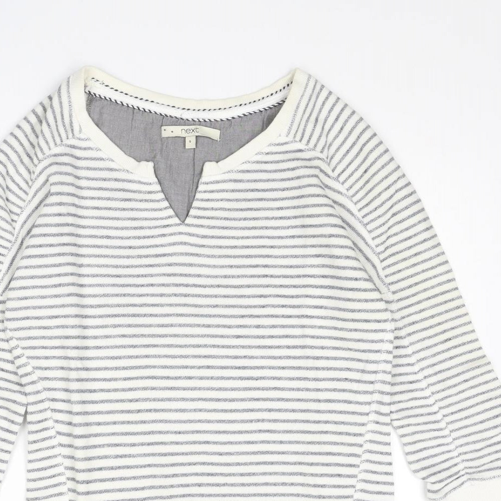 NEXT Womens Ivory V-Neck Striped Cotton Pullover Jumper Size 6