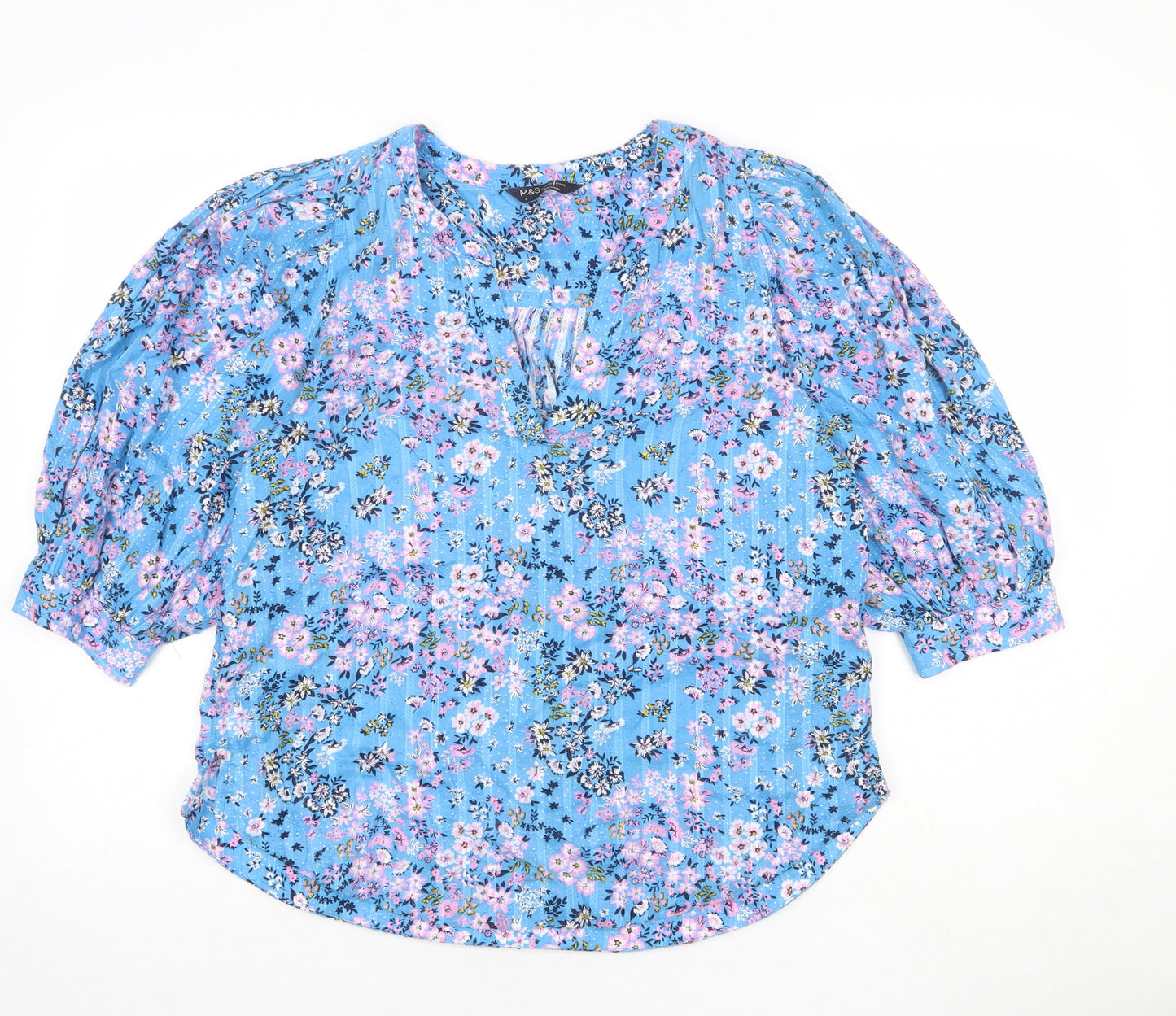 Marks and Spencer Womens Blue Floral 100% Cotton Basic Blouse Size 8 V-Neck