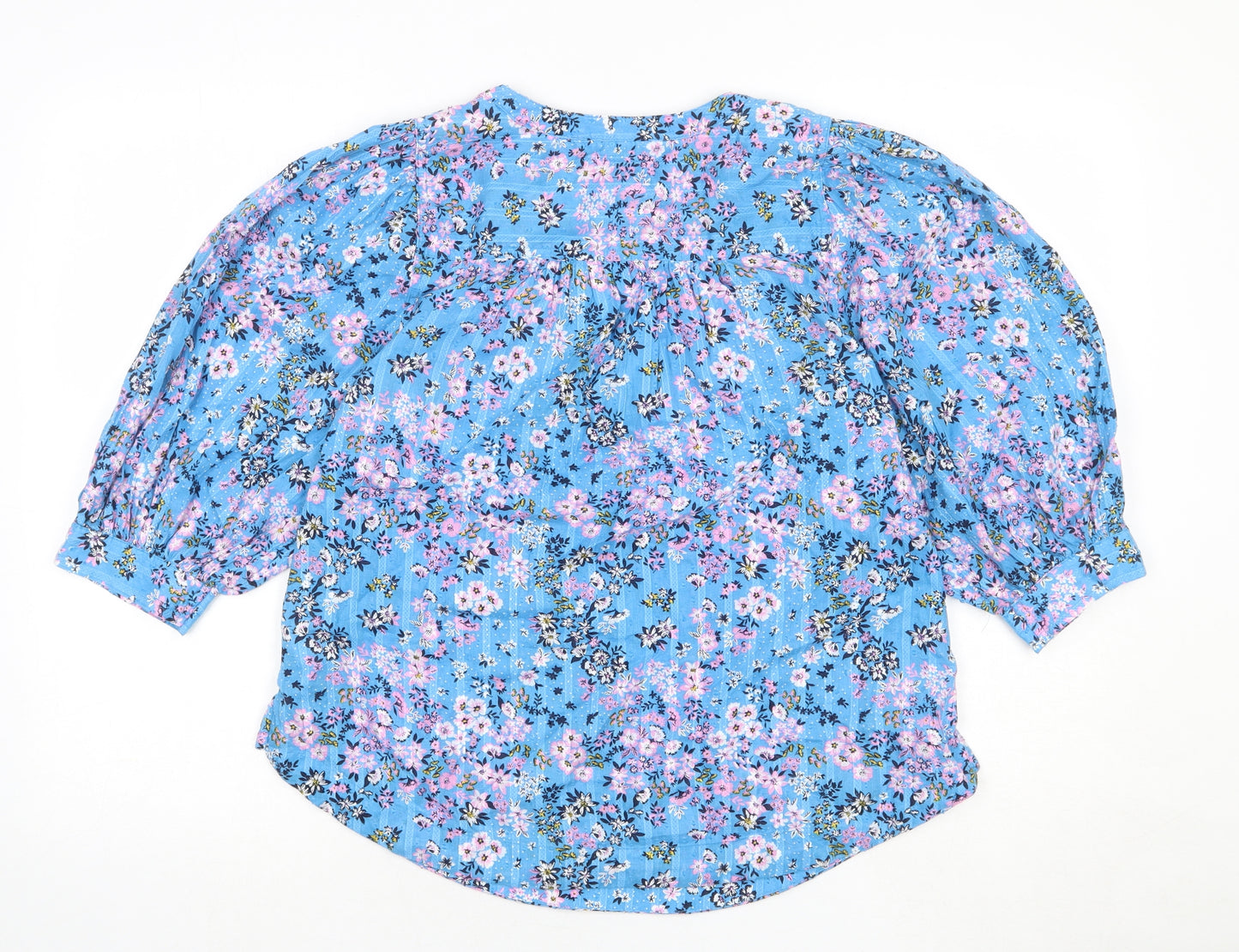 Marks and Spencer Womens Blue Floral 100% Cotton Basic Blouse Size 8 V-Neck