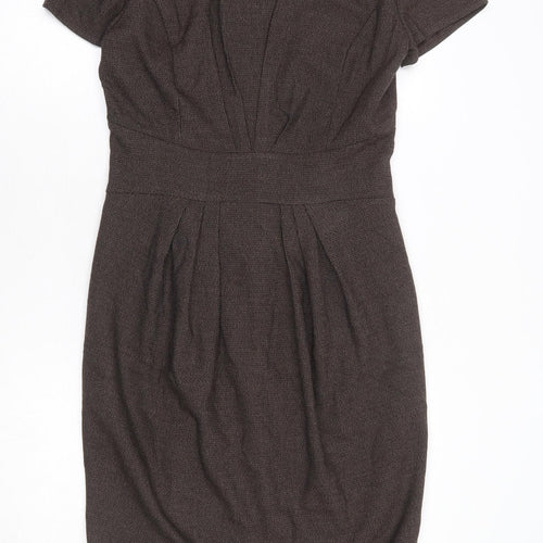 Collection Womens Brown Polyester Pencil Dress Size 12 Boat Neck Zip - Front Pleat Detail