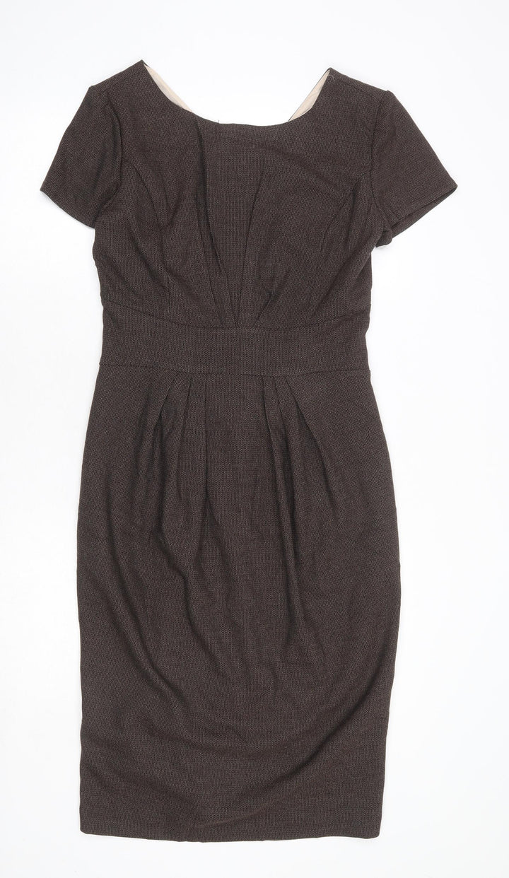 Collection Womens Brown Polyester Pencil Dress Size 12 Boat Neck Zip - Front Pleat Detail