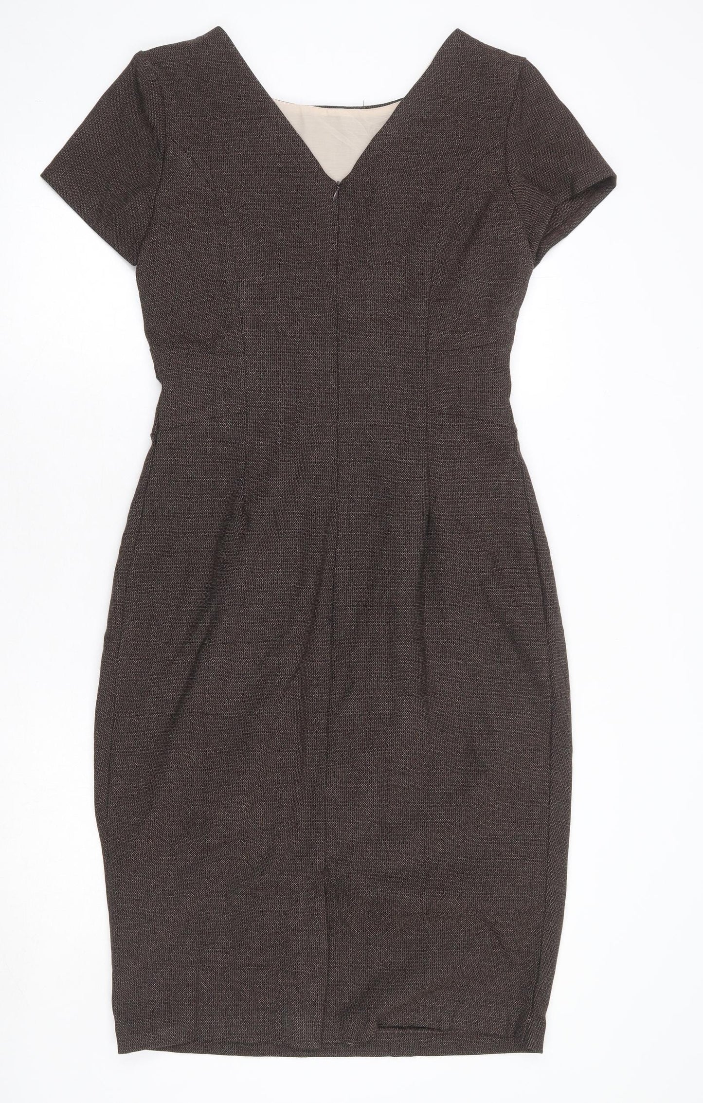 Collection Womens Brown Polyester Pencil Dress Size 12 Boat Neck Zip - Front Pleat Detail