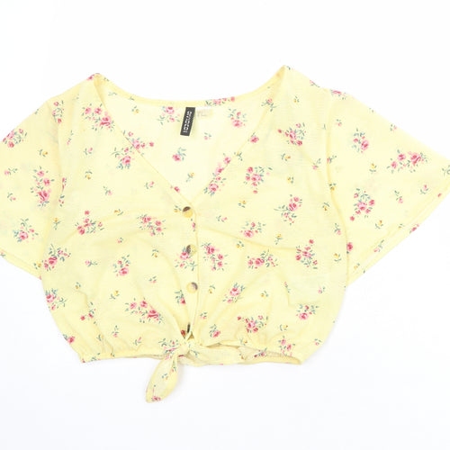 Divided by H&M Womens Yellow Fair Isle Polyester Cropped Button-Up Size S V-Neck - Knot Front
