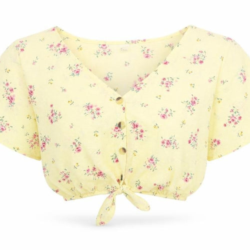 Divided by H&M Womens Yellow Fair Isle Polyester Cropped Button-Up Size S V-Neck - Knot Front