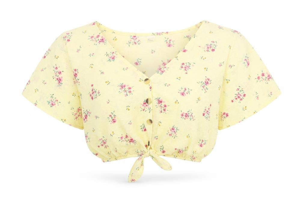 Divided by H&M Womens Yellow Fair Isle Polyester Cropped Button-Up Size S V-Neck - Knot Front