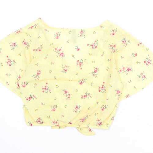 Divided by H&M Womens Yellow Fair Isle Polyester Cropped Button-Up Size S V-Neck - Knot Front