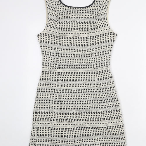 Oasis Womens Ivory Geometric Cotton Shift Size 8 Boat Neck Zip