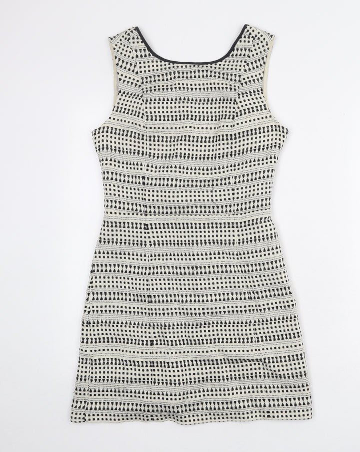 Oasis Womens Ivory Geometric Cotton Shift Size 8 Boat Neck Zip