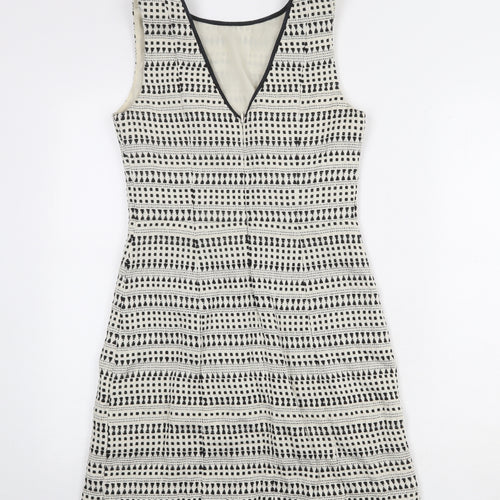 Oasis Womens Ivory Geometric Cotton Shift Size 8 Boat Neck Zip