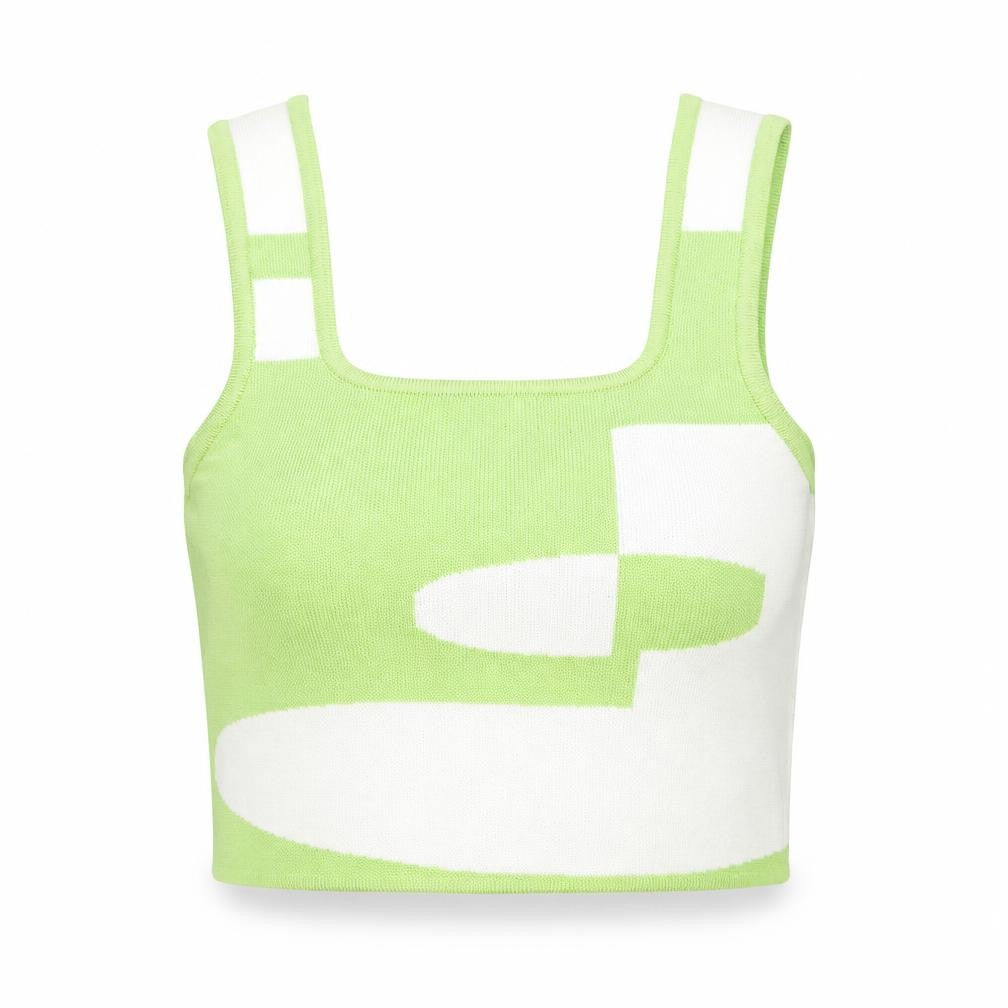 Princess Polly Womens Green Geometric Viscose Cropped Tank Size L Round Neck - Size L-XL
