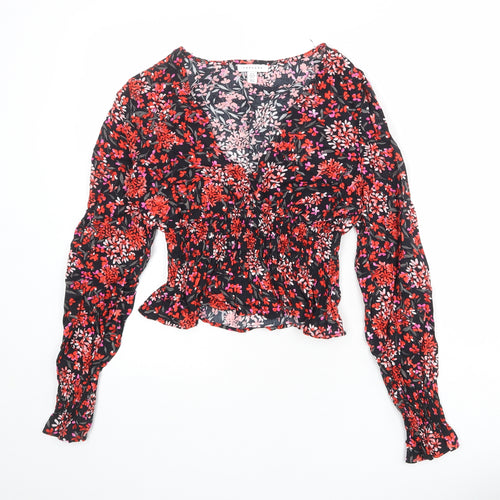 Topshop Womens Black Floral Viscose Basic Blouse Size 10 V-Neck