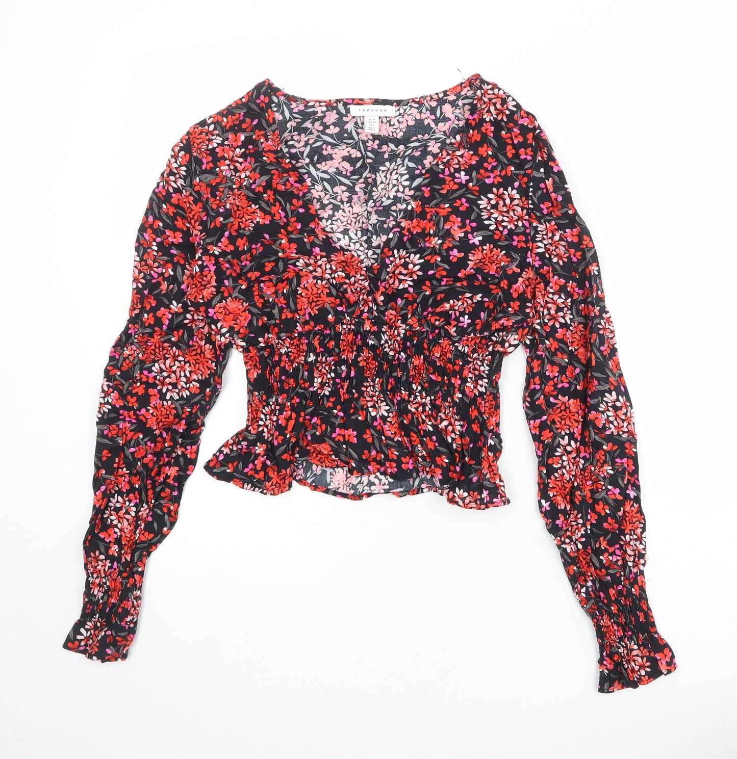 Topshop Womens Black Floral Viscose Basic Blouse Size 10 V-Neck