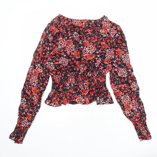 Topshop Womens Black Floral Viscose Basic Blouse Size 10 V-Neck